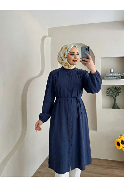 Foremia Hakim Yaka Omuz Büzgü Uzun Tunik-Lacivert