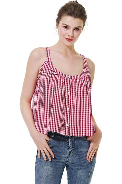 NO BRAND Women Tank Top 100% Cotton Plaid Camisole U Neck Backless Tank Top S...