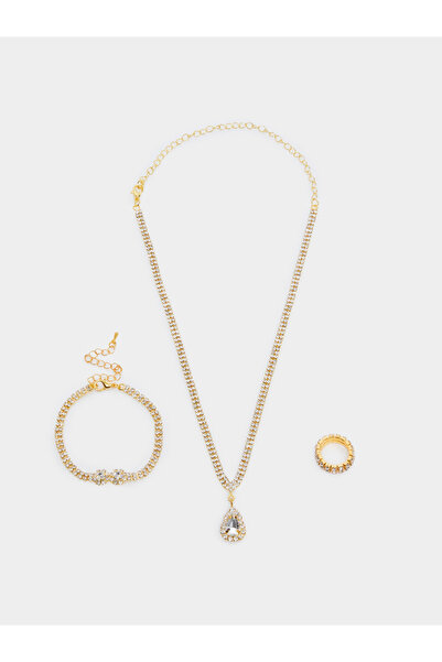 Styli طقم عقد وخاتم وسوار من الذهب المرصع بأحجار الراين