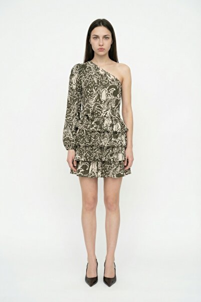 Quzu Tek Omuz Desenli Fırfırlı Mini Elbise Haki