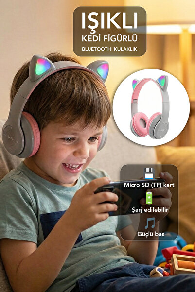 mimtec Kablosuz Bluetooth Kulaklık Led Işıklı Mikrofonlu Kedili iOS Android U...