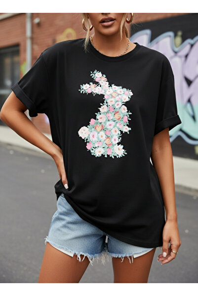 ship master Γυναικείο μπλουζάκι με φλοράλ στάμπα κουνελιού, 100% βαμβακερό, o...