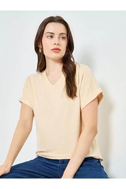 Styli Beige V Neck T-Shirt with Turn-Up Sleeves