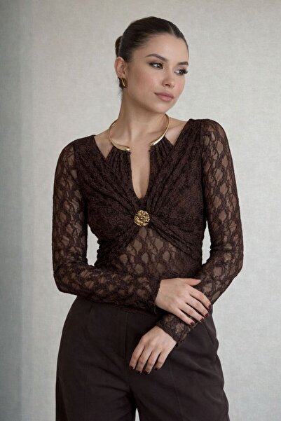 merlavin Bluză de damă cu guler tip picătură, cu detalii aurii și design din ...