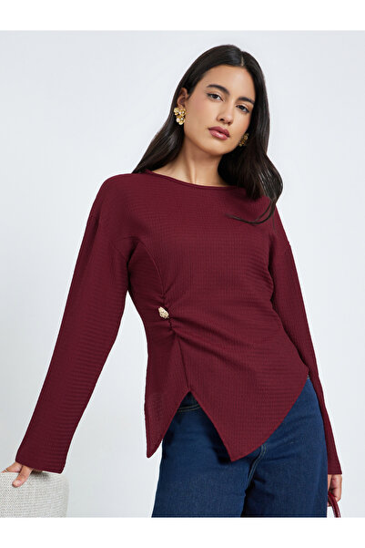 Styli Burgundy Textured Blouse with Button Detail