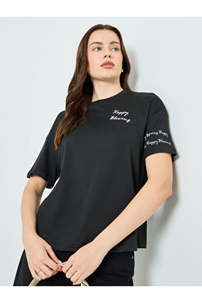 Styli Black Slogan Print Regular Fit T-Shirt