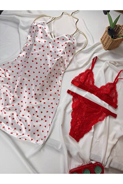 ROZENİN LINGERIE Satin Dress Nightgown Underwire-Free Lingerie Set 3-Piece Set