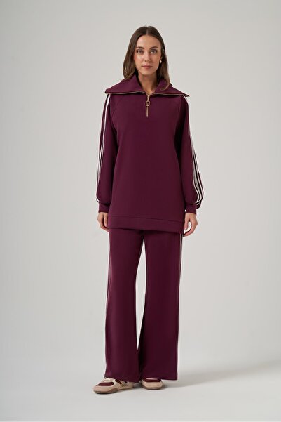 Nuss 1093 Yarım Fermuarlı Şerit Detay Pantolonlu Takım - Mürdüm