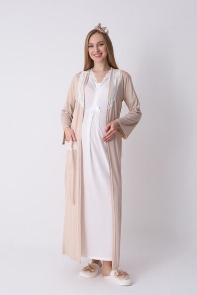 BLACKMORE Women's Beige Lace Design Cotton Summer Maternity Nightgown-Dressin...