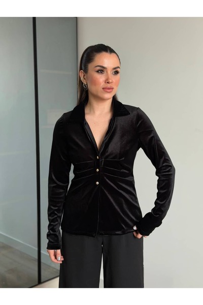 ROUPAS COLLECTİON Kadife Düğme Detaylı Bluz