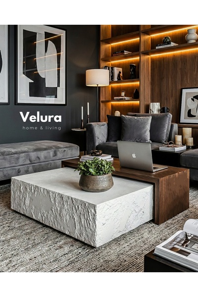 Velura Home & Living Nora Orta Sehpa - Beyaz Taş & Ceviz