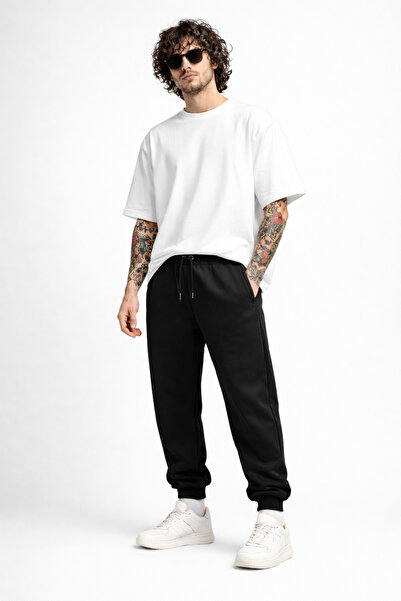 Vatkalimon Men's Black 3-Thread Fleece Lined Oversize Sweatpants with Pockets