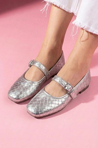 FUGA MODA Balerini Toledo din piele argintie, tricotate, cu cataramă din nich...