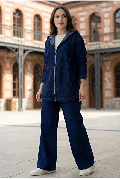 SENSTIL Front Zippered Kangaroo Pocket Double Denim Set Ss2880 Dark Blue