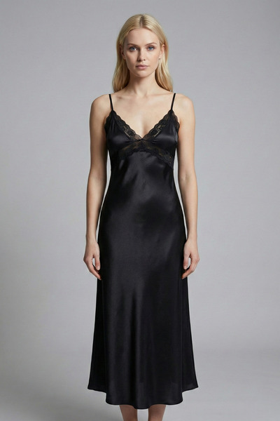 Laperissa Black Lace Back Detail Satin Woven Nightgown with String Straps