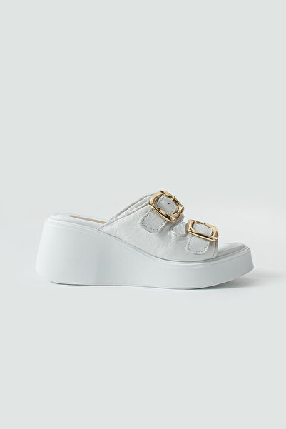 Gökçe Shoes Makeda Beyaz Gerçek Deri Çift Toka Detay Kadın Dolgu Taban Terlik