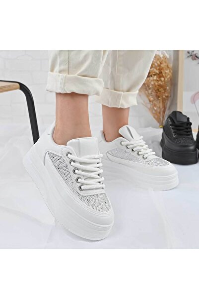 Tmall Pantofi sport pentru femei, piele cu strasuri, D1465, alb