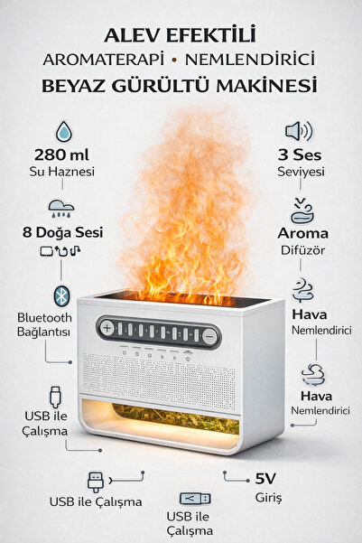 Qifit Alev Efektli Aromaterapi Difüzör – 280 ml Su Hazneli, Bluetooth Hoparlö...