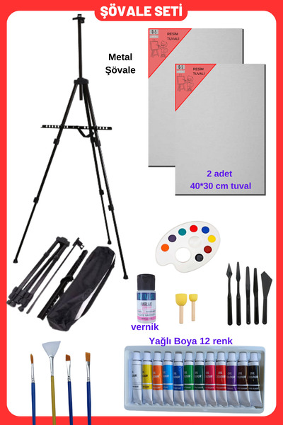 NUVVA Şövale Resim Seti, Ressam Yağlı Boya Metal Şövalye Set, Tüval Tuval Set