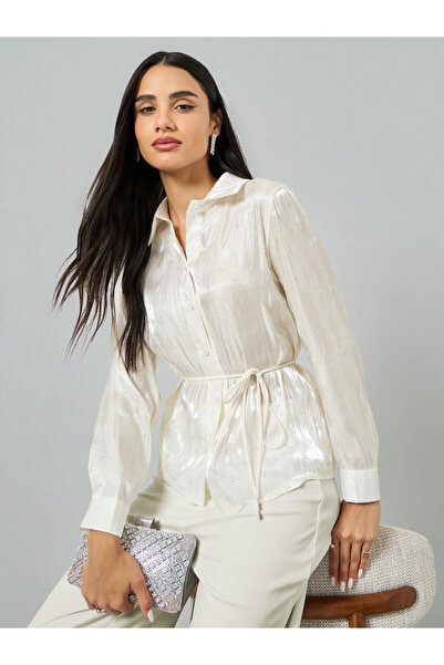 Styli White Waist-Tie Embellished Shirt