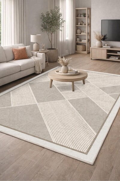 VOPTEKS Vizon Bej Halı Salon Halısı Makinede Yıkanabilir Halı Kaymaz Taban Halı