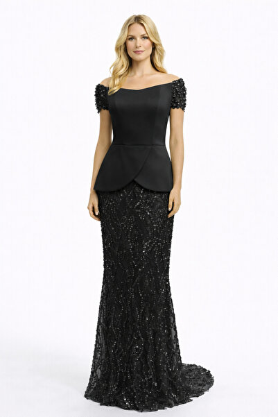 Hüseyin Baştürk Işıltı Dantel Detaylı Balık Abiye Elbise