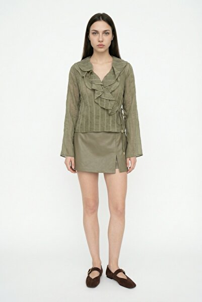 Quzu Fırfırlı Kruvaze Bağlamalı Bluz Haki