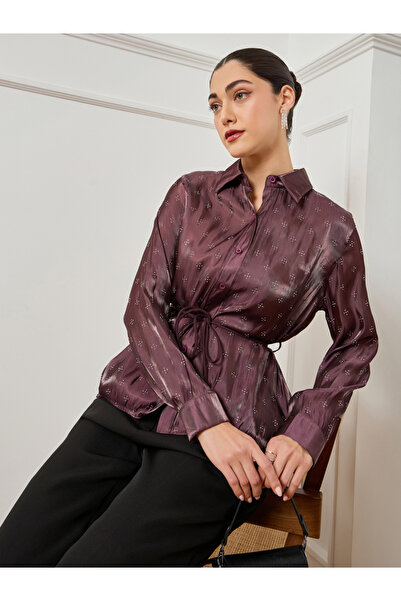 Styli Burgundy Waist-Tie Embellished Shirt