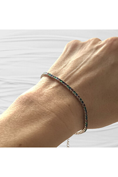 atellier47 Bratara tennis din argint 925 cu cristale zircon roz/verde/albastr...