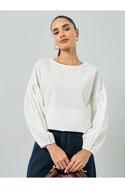 Styli White Long Sleeve Blouse with Back Cutout Detail