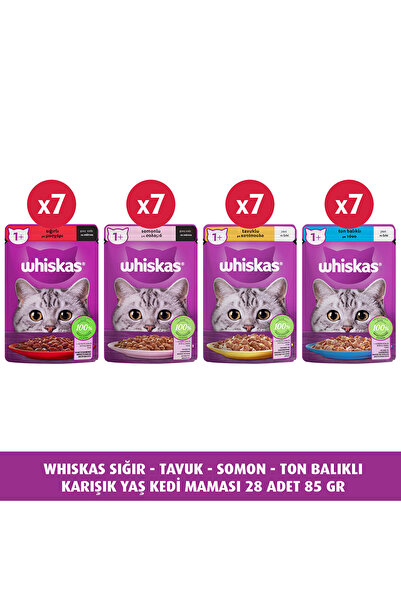Whiskas Sığır - Tavuk - Somon - Ton Balıklı Karışık Yaş Kedi Maması 28 Adet 8...