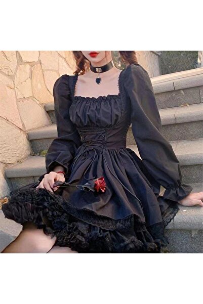 harmony factory Black Balloon Long Sleeve Gothic Lace Detailed Dress Women's ...