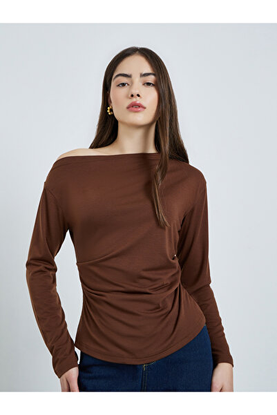 Styli Brown Asymmetric Neck Knit Top