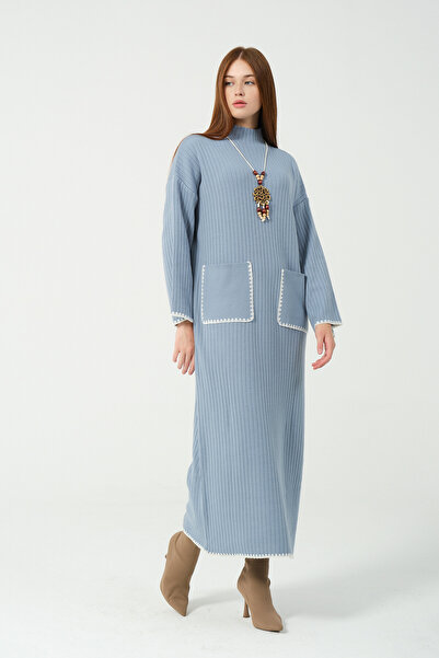 Hatun Atila Hatunatila Crochet Knitwear Dress with Necklace and Belt 5106 Blue