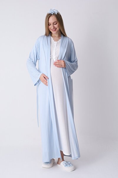 BLACKMORE Women's Blue Shawl Collar Jacquard Lace Design Maternity Nightgown-...