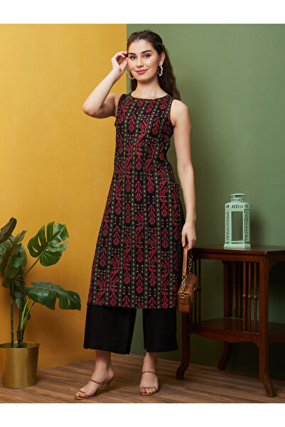 Globus By Styli Ethnic Kantha Work Straight Kurta and Wide Leg Trousers Set