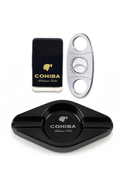 COHİBA Küllük Çakmak ve Metal Kesici Puro Aksesuar Seti Oval 2li