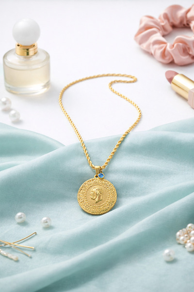 KZNovaStyle قلادة ذهبية اللون بسلسلة ملتوية بتفاصيل حجرية زرقاء وتصميم عتيق