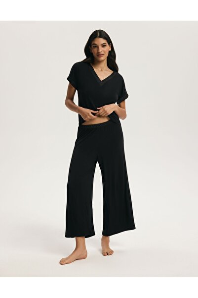 ESOTIQ Set pijama elegant pentru femei, bluză, tricou și pantaloni lați 7/8, ...