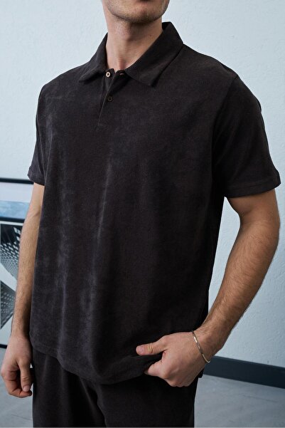 duo fideles Men's Terry Fabric Half Button Relax Fit Short Sleeve Summer Polo...