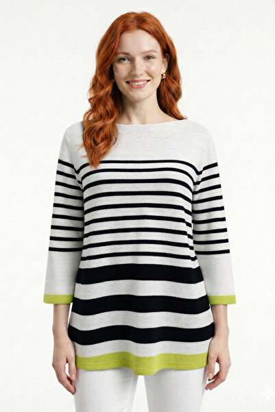 Neden Tekstil Black and White Striped Neon Green Striped Boat Neck Knit Sweater