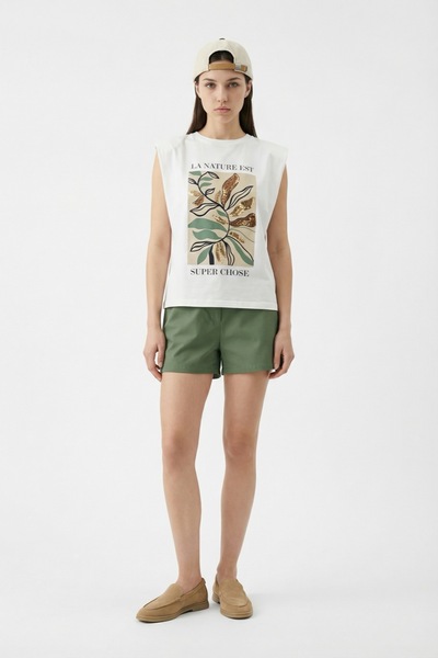 Quzu Sequin Embroidered Leaf Printed Sleeveless T-Shirt Ecru
