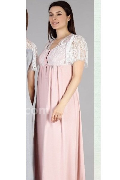 Bone Pijama Tulle Lace Detailed Short Sleeve Women's Nightgown Powder