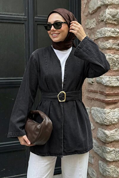 InStyle Wide Sleeve Belted Dark Anthracite Denim Jacket
