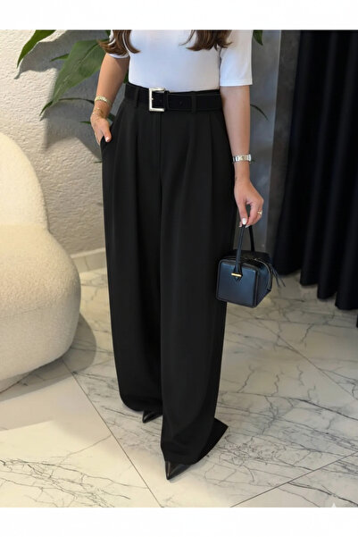 solena sln Women's Black Belted High Waist Premium Palazzo Trousers