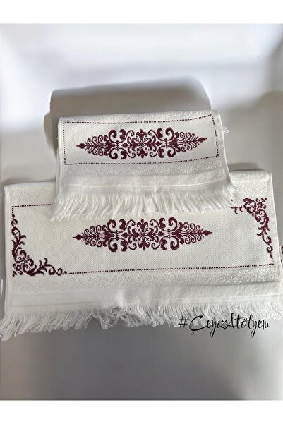 Store Analı Kızlı 50x90 Bordo İşlemeli Havlu Seti