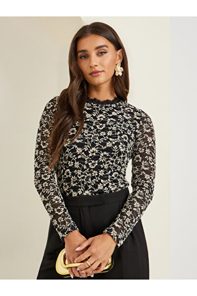 Styli Black Lace Long Sleeve Blouse