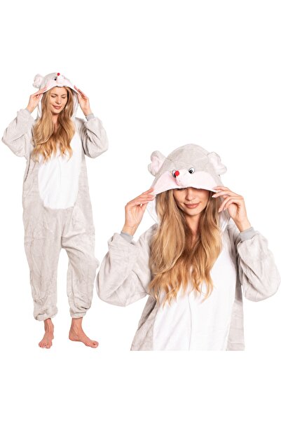 Other Salopetă kigurumi pufoasă de damă — Pijama combinezon gri model șoricel...