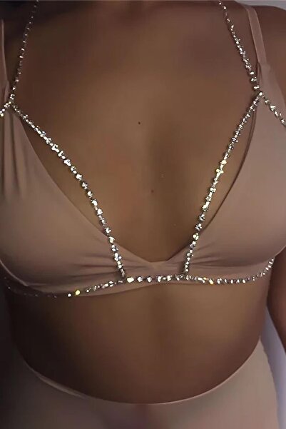 TAKIŞTIR Gümüş Renk Taş Detaylı Bikini Üstü /Bralet /Vücut Aksesuarı