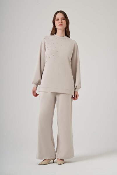 Nuss 1076 Taş İşlemeli Bisiklet Yaka Pantolonlu Takım - Taş